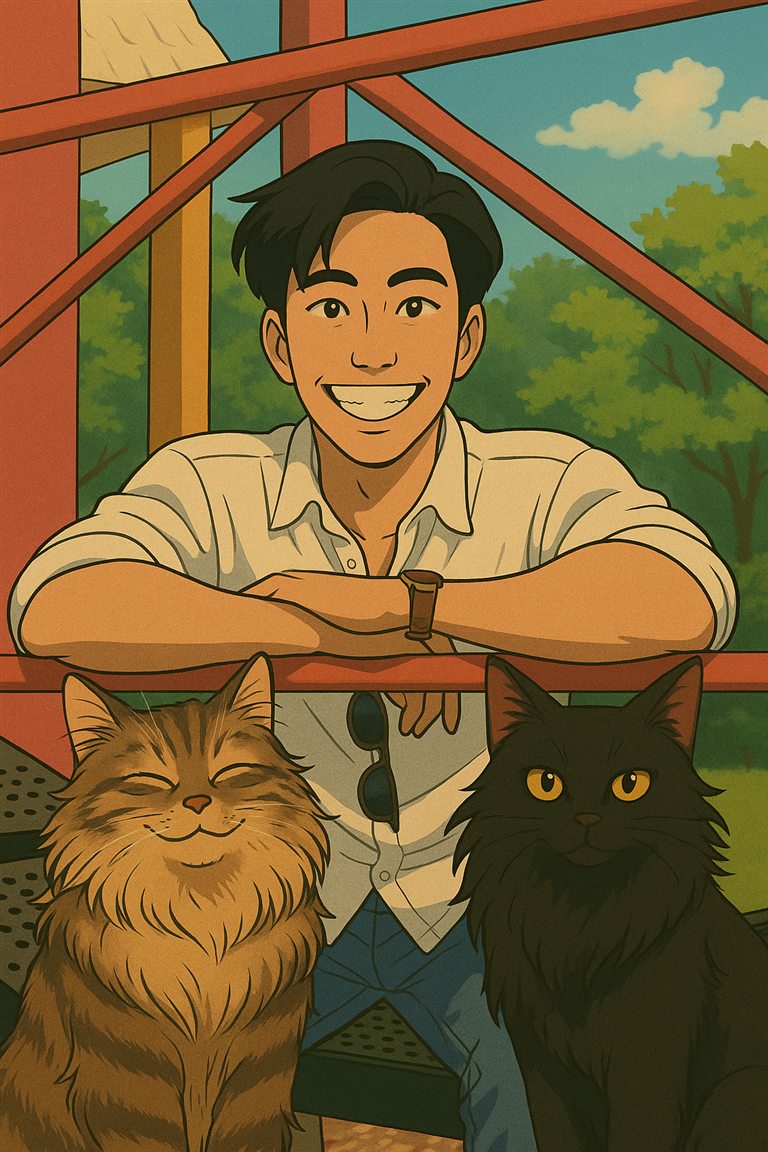 Illustrated portrait of Willy Lee with his cats